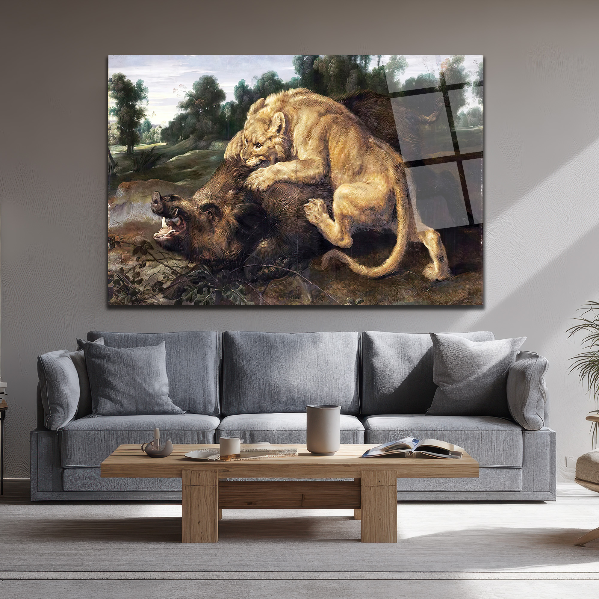 Aslan ve Yaban Domuzu Avı Temalı Güçlü Sanatsal Cam Tablo - Glazella Aslan ve Yaban Domuzu Avı Temalı Güçlü Sanatsal Cam Tablo - Glazella