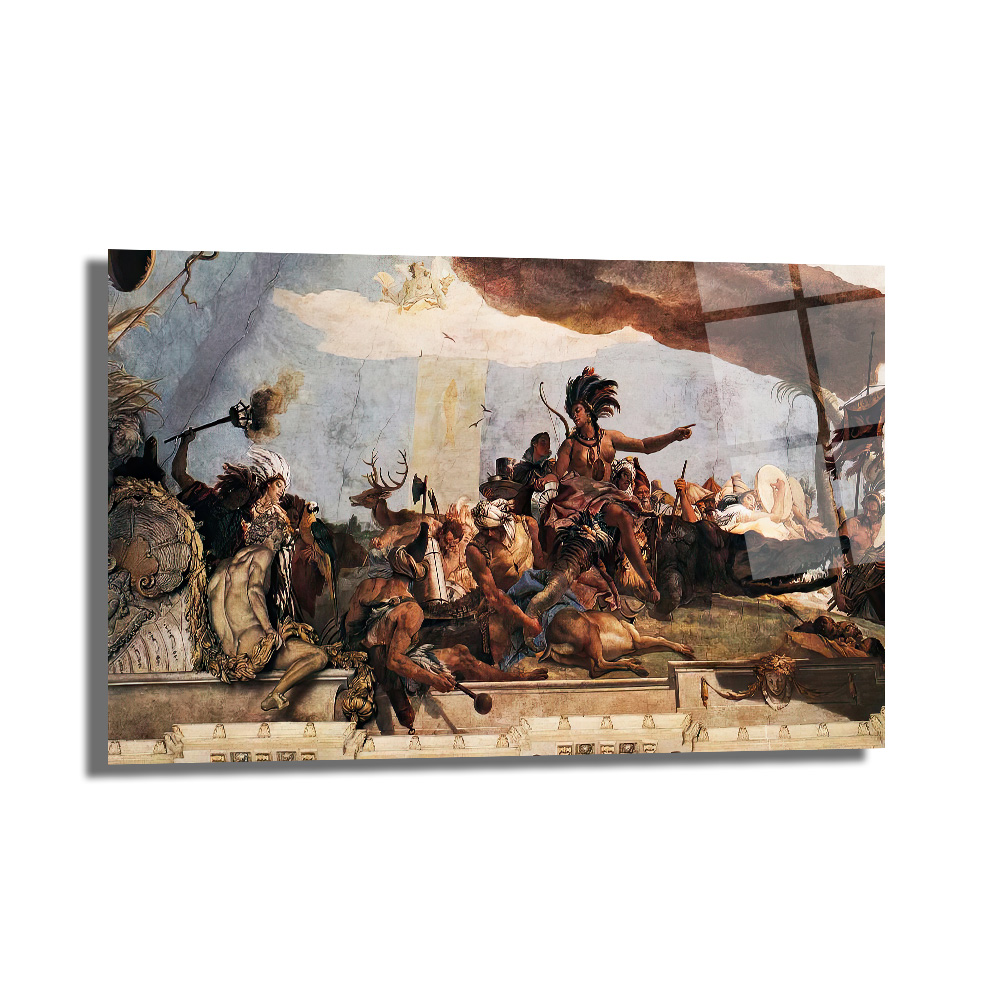 Tiepolo'nun Amerika Alegorisi Temalı Görkemli Cam Tablo - Glazella Tiepolo'nun Amerika Alegorisi Temalı Görkemli Cam Tablo - Glazella