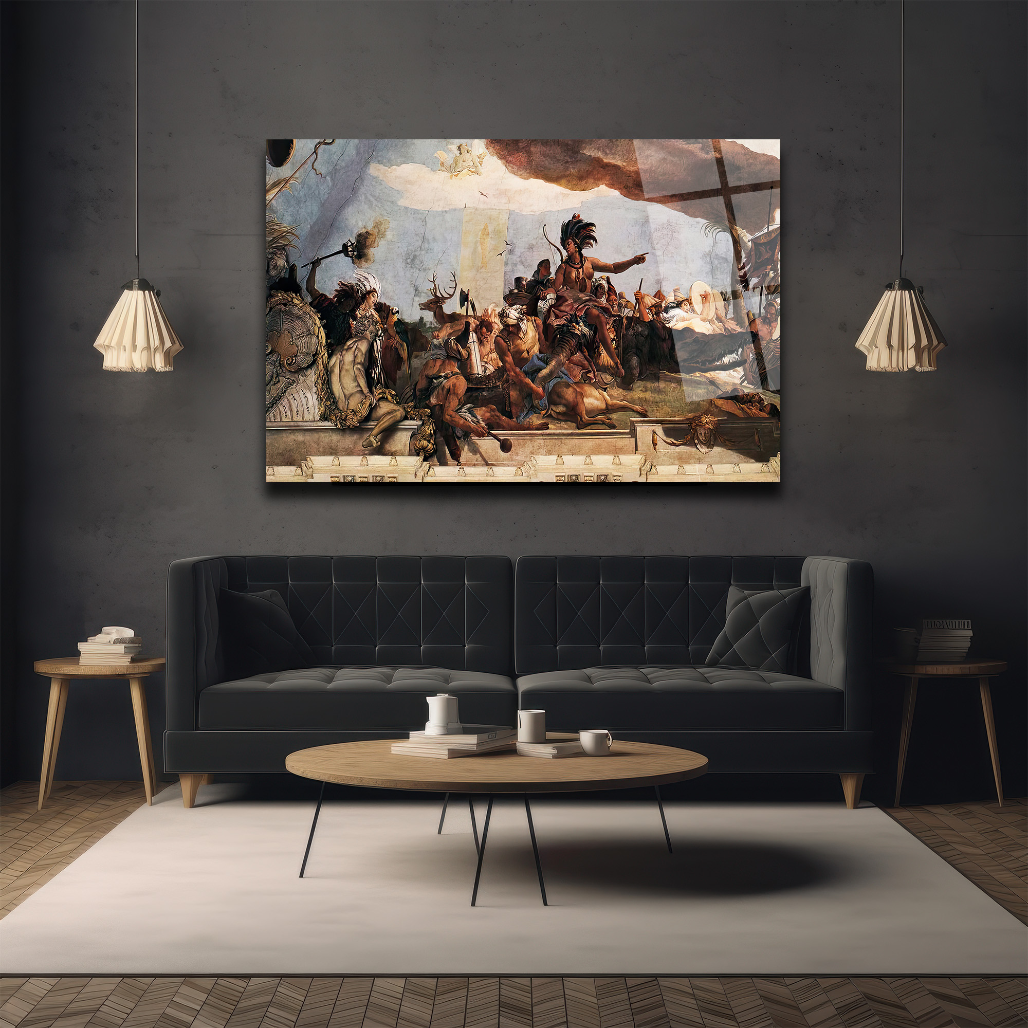 Tiepolo'nun Amerika Alegorisi Temalı Görkemli Cam Tablo - Glazella Tiepolo'nun Amerika Alegorisi Temalı Görkemli Cam Tablo - Glazella