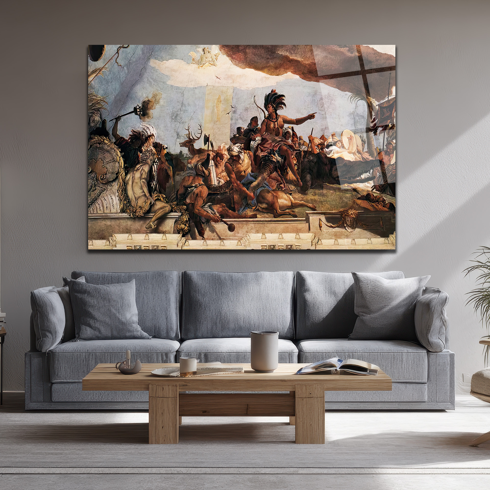 Tiepolo'nun Amerika Alegorisi Temalı Görkemli Cam Tablo - Glazella Tiepolo'nun Amerika Alegorisi Temalı Görkemli Cam Tablo - Glazella