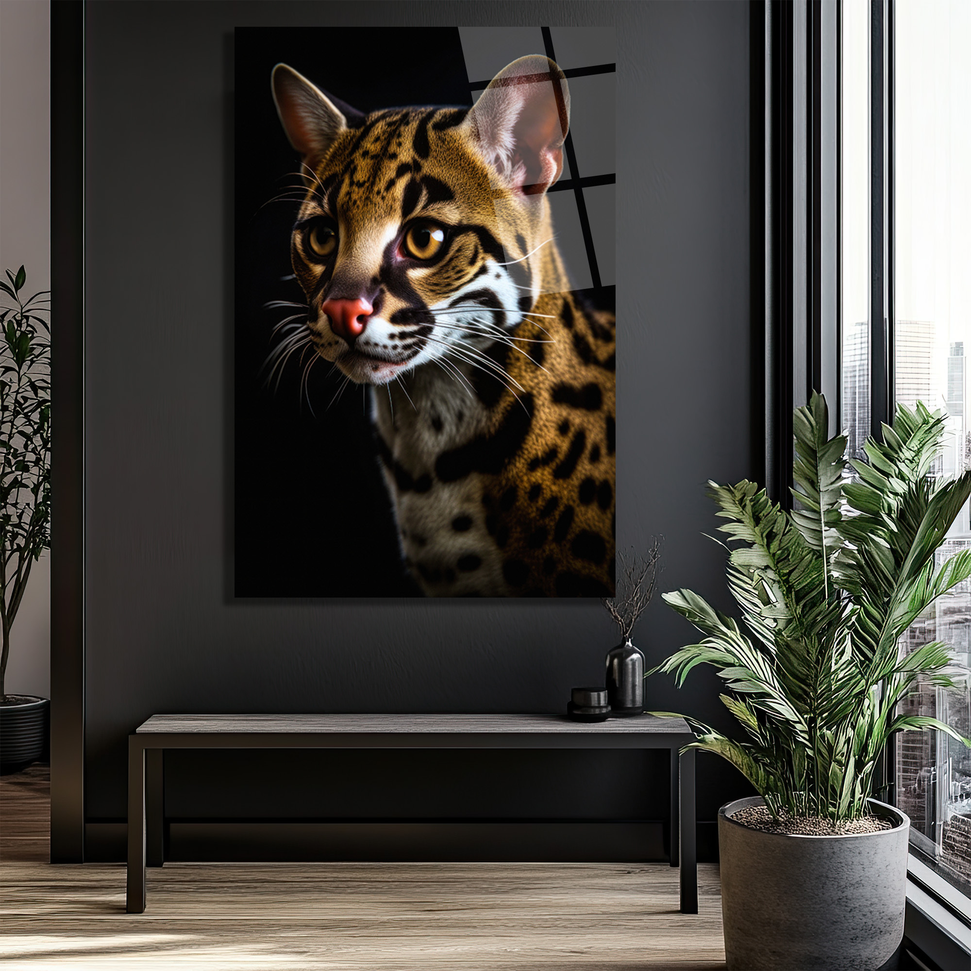 Vahşi Zarafet: Ocelot Portresi Temperli Cam Tablo - Glazella Vahşi Zarafet: Ocelot Portresi Temperli Cam Tablo - Glazella