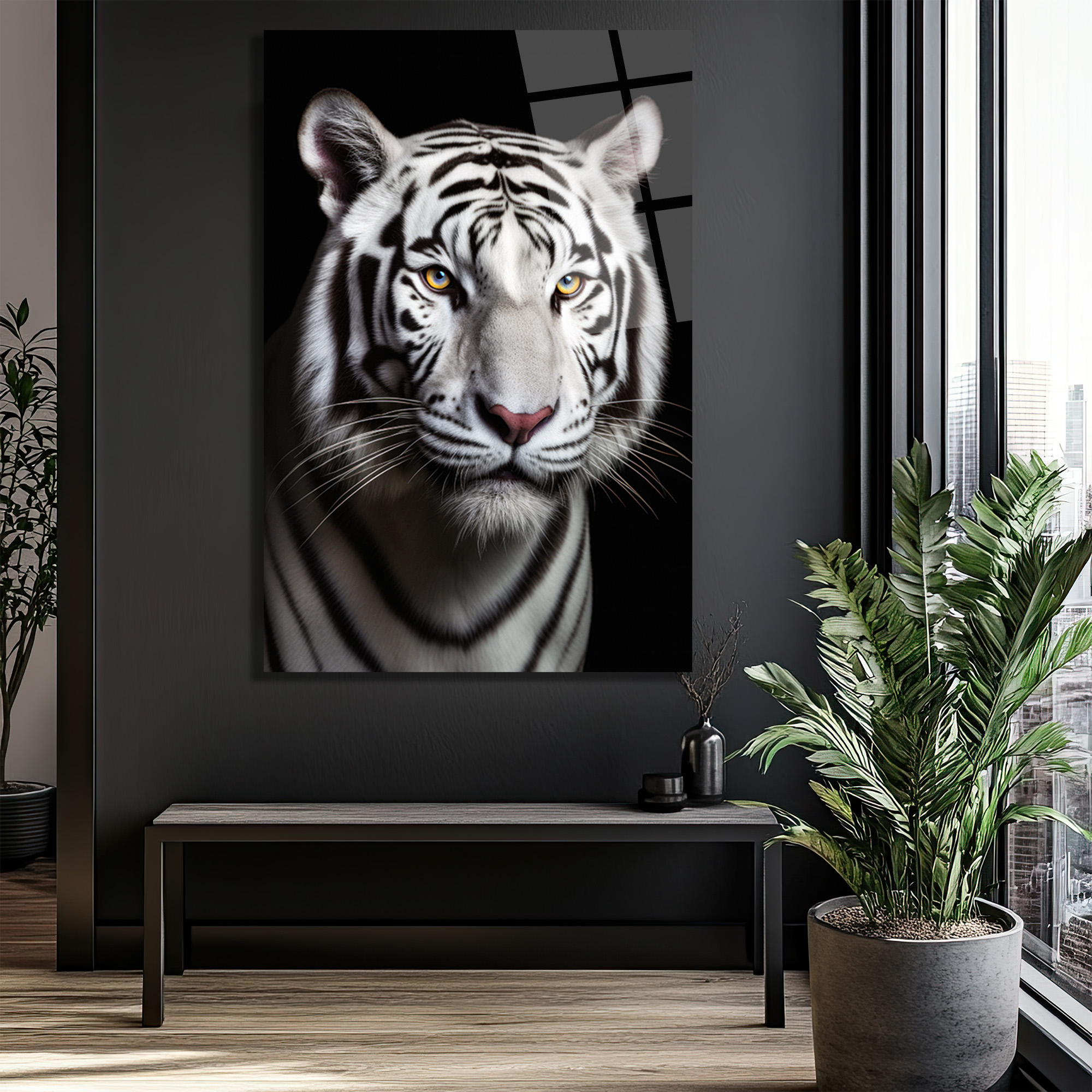 Asil Beyaz Kaplan Portresi Cam Tablo - Glazella Asil Beyaz Kaplan Portresi Cam Tablo - Glazella