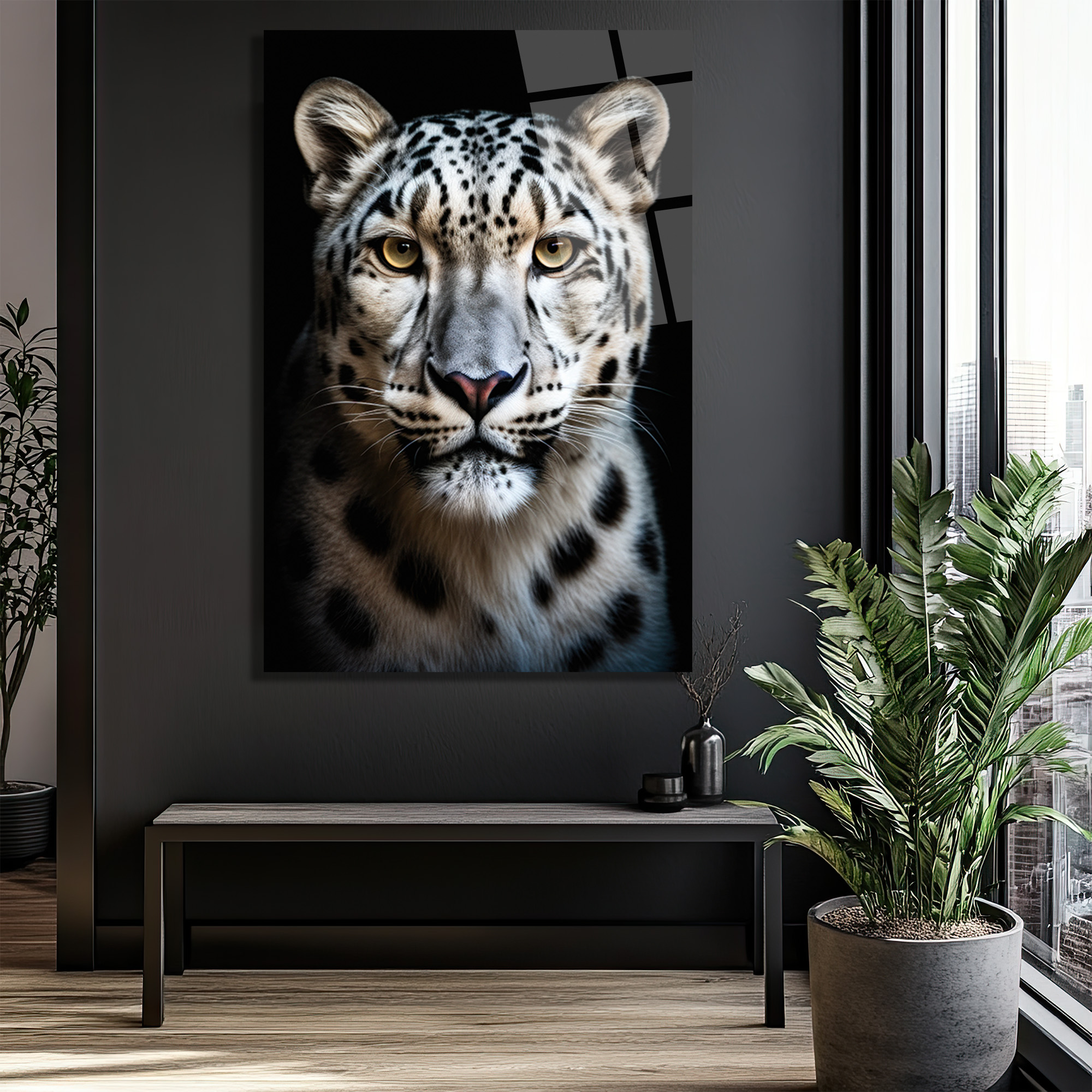 Asil Kar Leoparı Portresi Lüks Modern Cam Tablo - Glazella Asil Kar Leoparı Portresi Lüks Modern Cam Tablo - Glazella