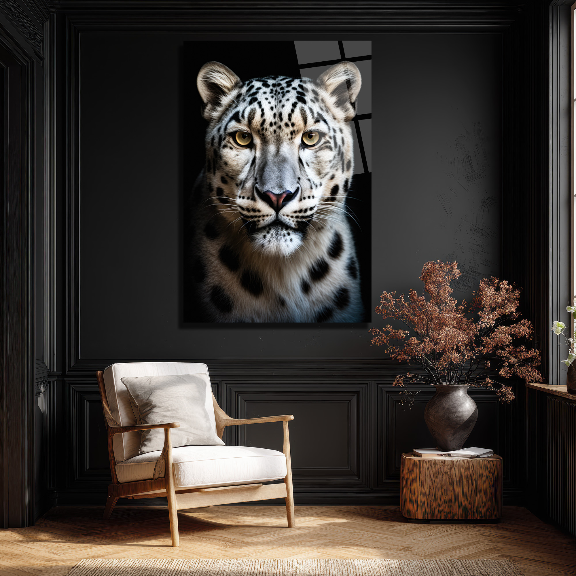 Asil Kar Leoparı Portresi Lüks Modern Cam Tablo - Glazella Asil Kar Leoparı Portresi Lüks Modern Cam Tablo - Glazella