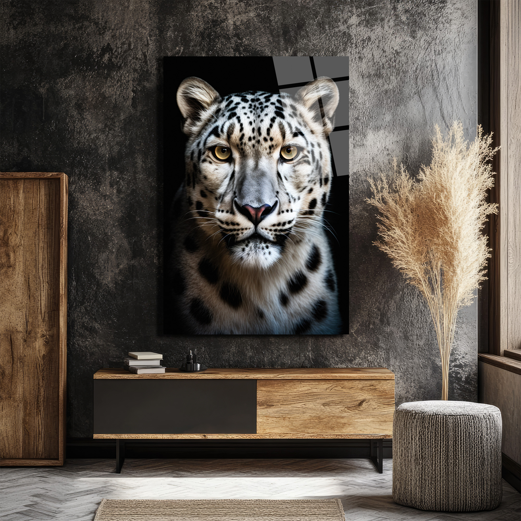 Asil Kar Leoparı Portresi Lüks Modern Cam Tablo - Glazella Asil Kar Leoparı Portresi Lüks Modern Cam Tablo - Glazella