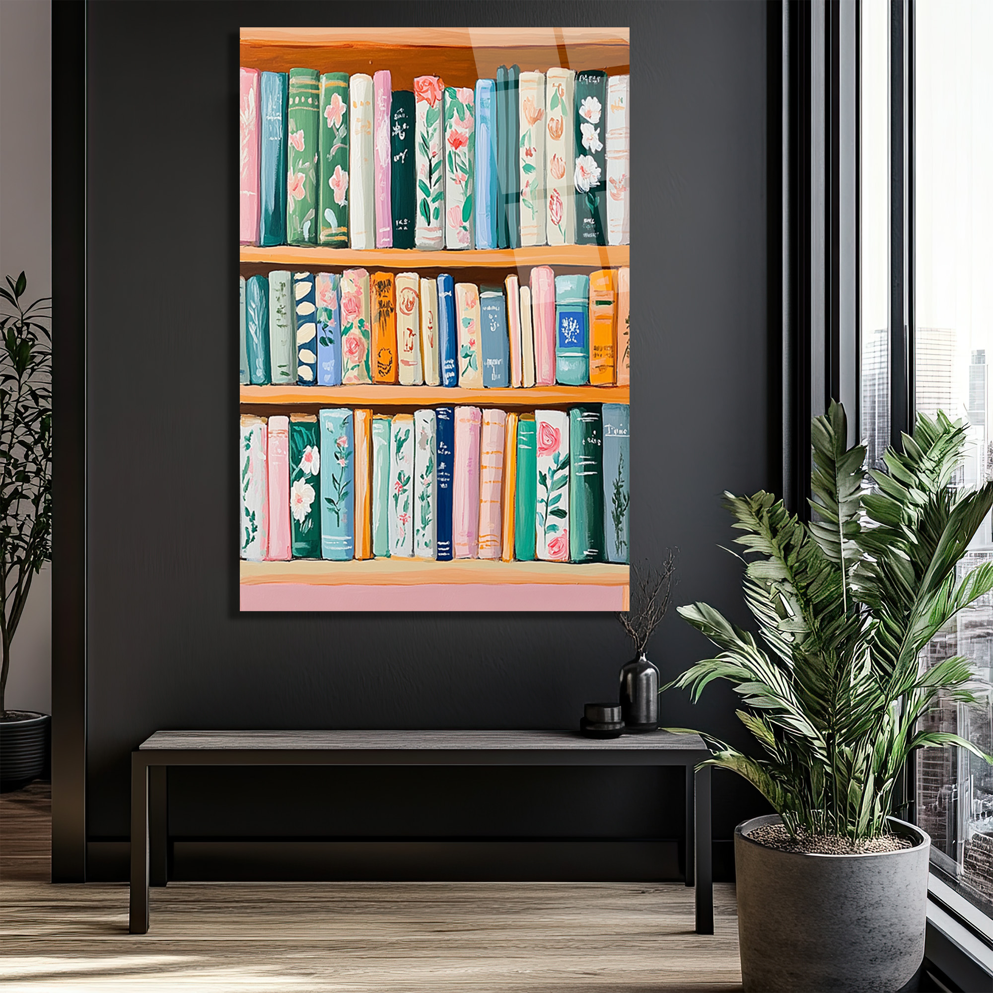 Çiçekli Kitaplık Detayları Cam Tablo - Pastel Tonlarda Sanatsal Dekor - Glazella Çiçekli Kitaplık Detayları Cam Tablo - Pastel Tonlarda Sanatsal Dekor - Glazella