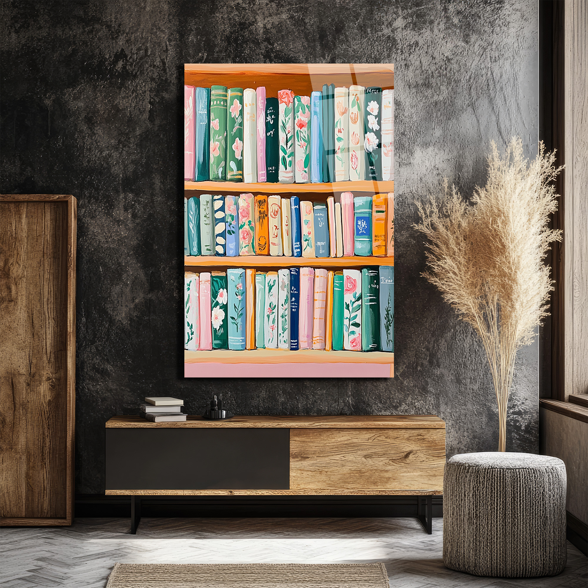 Çiçekli Kitaplık Detayları Cam Tablo - Pastel Tonlarda Sanatsal Dekor - Glazella Çiçekli Kitaplık Detayları Cam Tablo - Pastel Tonlarda Sanatsal Dekor - Glazella
