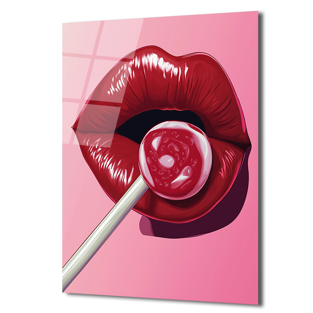 Çekici Dudaklar ve Lolipop Pop Art Cam Tablo - Glazella Çekici Dudaklar ve Lolipop Pop Art Cam Tablo - Glazella