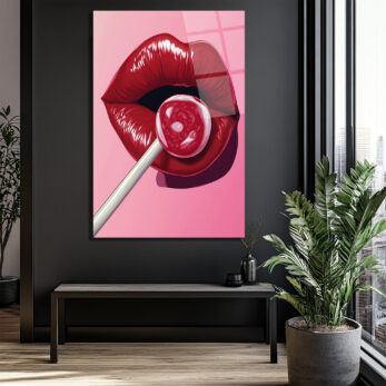 Çekici Dudaklar ve Lolipop Pop Art Cam Tablo - Glazella Çekici Dudaklar ve Lolipop Pop Art Cam Tablo - Glazella