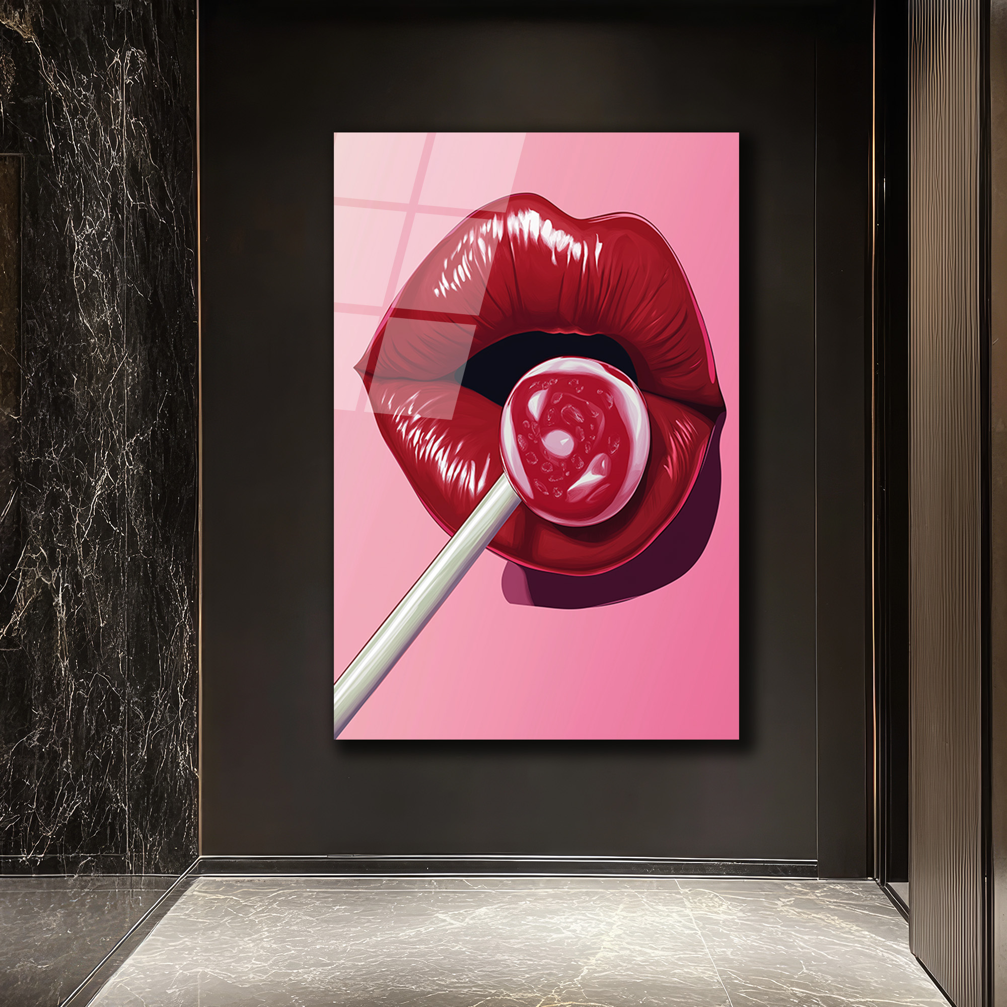 Çekici Dudaklar ve Lolipop Pop Art Cam Tablo - Glazella Çekici Dudaklar ve Lolipop Pop Art Cam Tablo - Glazella