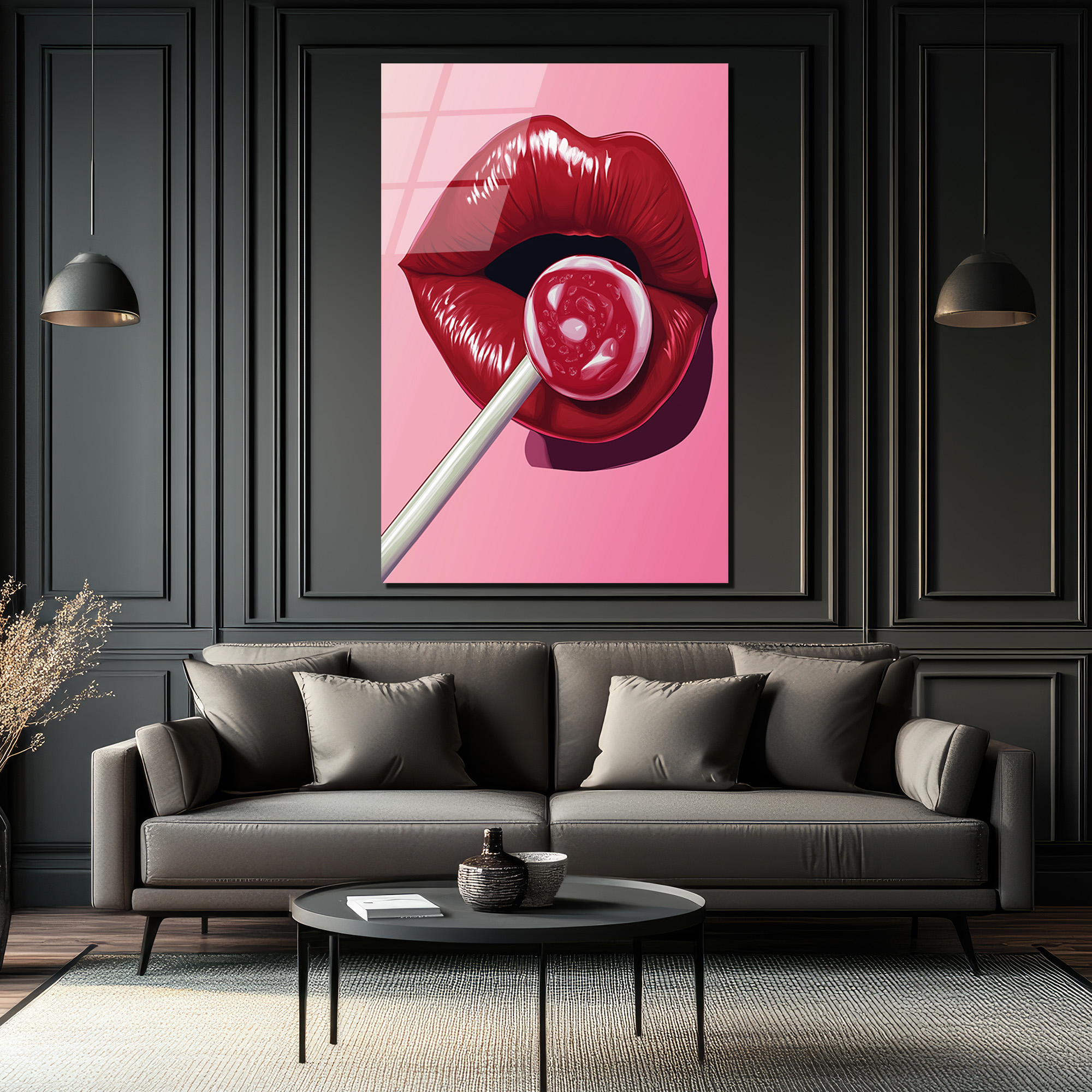 Çekici Dudaklar ve Lolipop Pop Art Cam Tablo - Glazella Çekici Dudaklar ve Lolipop Pop Art Cam Tablo - Glazella