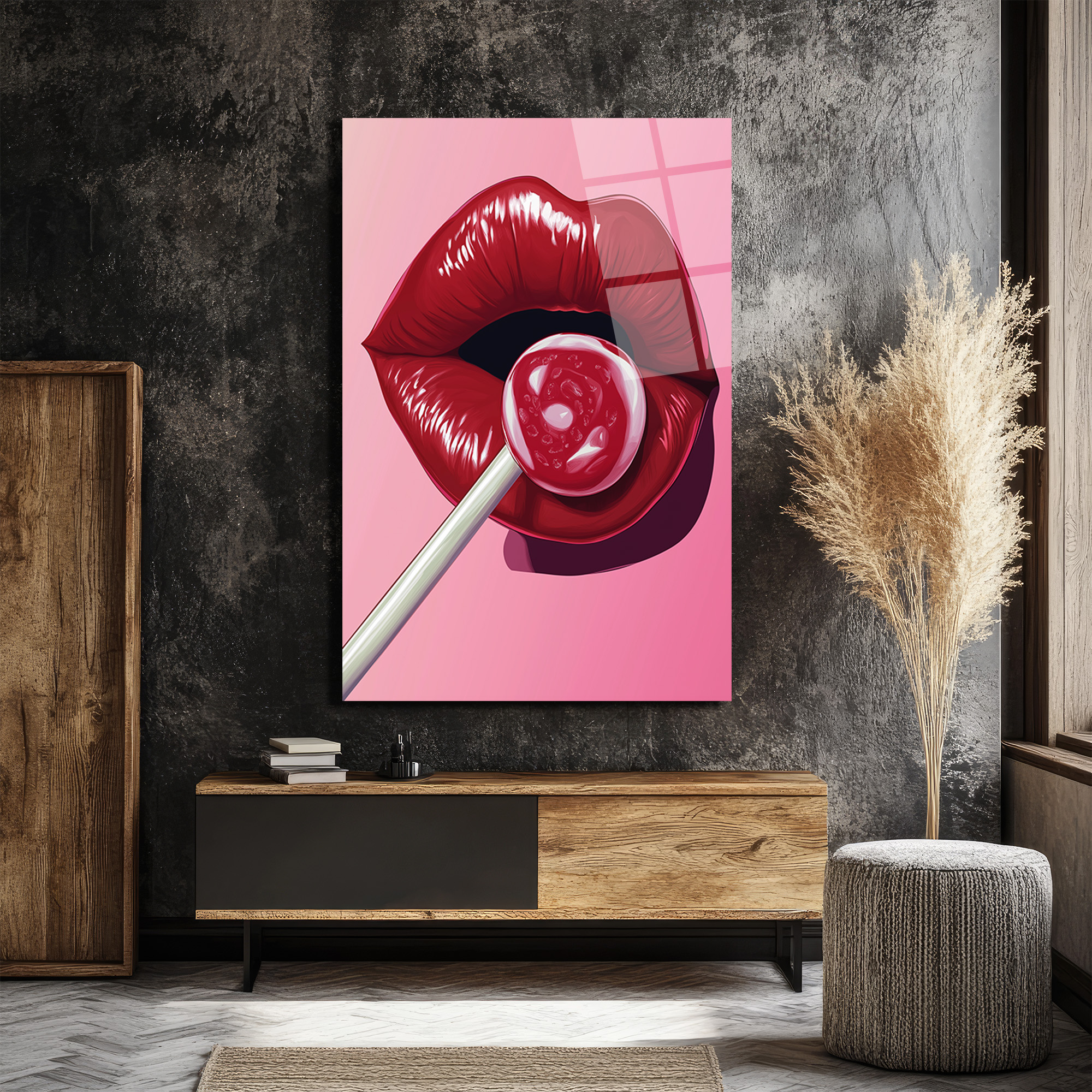 Çekici Dudaklar ve Lolipop Pop Art Cam Tablo - Glazella Çekici Dudaklar ve Lolipop Pop Art Cam Tablo - Glazella