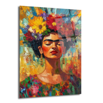 Frida Kahlo Çiçekli Taçlı Portre Cam Tablo - Glazella