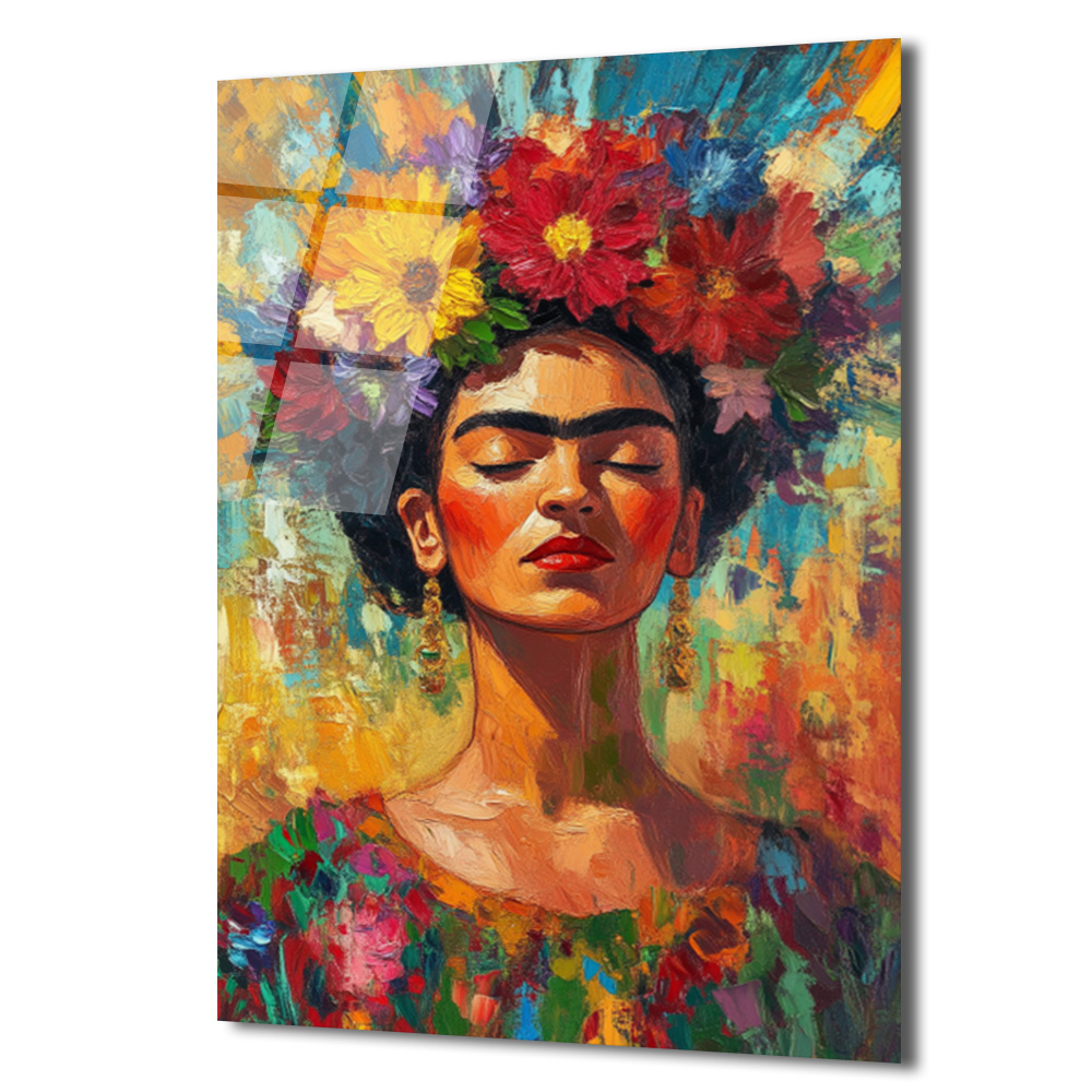 Frida Kahlo Çiçekli Taçlı Portre Cam Tablo - Glazella Frida Kahlo Çiçekli Taçlı Portre Cam Tablo - Glazella