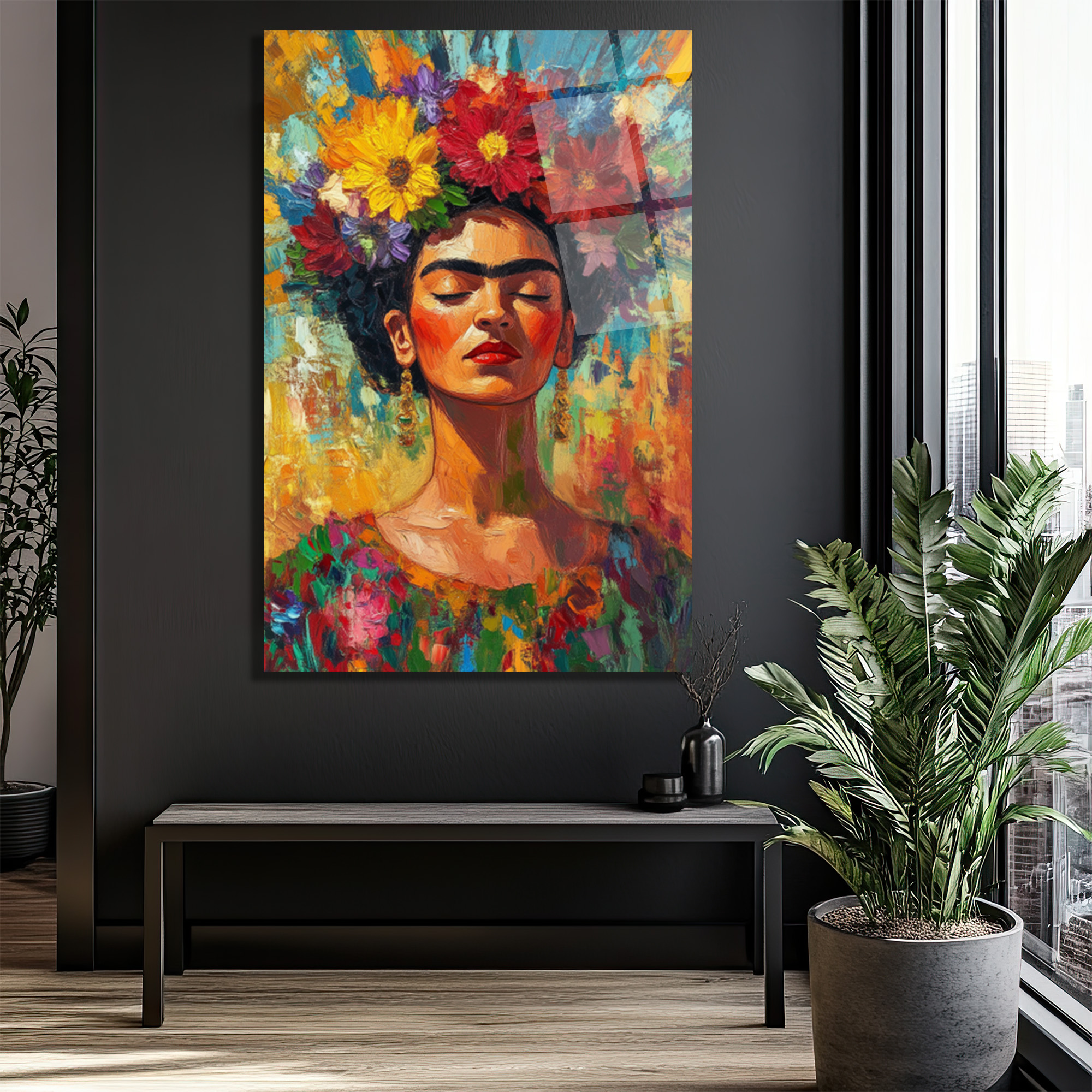 Frida Kahlo Çiçekli Taçlı Portre Cam Tablo - Glazella Frida Kahlo Çiçekli Taçlı Portre Cam Tablo - Glazella