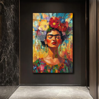 Frida Kahlo Çiçekli Taçlı Portre Cam Tablo - Glazella Frida Kahlo Çiçekli Taçlı Portre Cam Tablo - Glazella