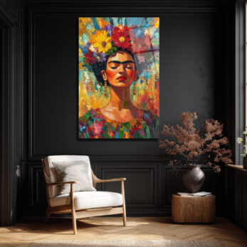 Frida Kahlo Çiçekli Taçlı Portre Cam Tablo - Glazella Frida Kahlo Çiçekli Taçlı Portre Cam Tablo - Glazella