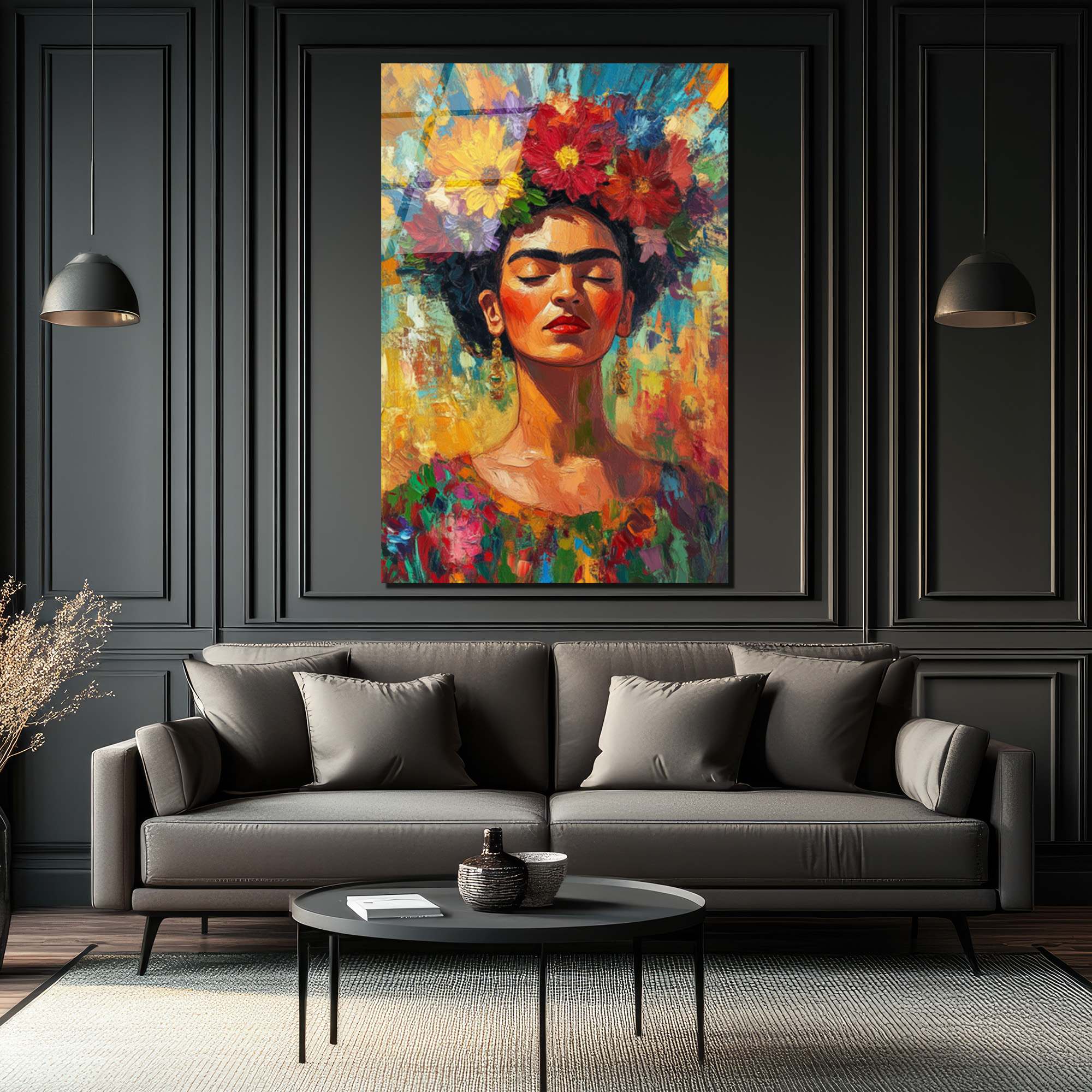 Frida Kahlo Çiçekli Taçlı Portre Cam Tablo - Glazella Frida Kahlo Çiçekli Taçlı Portre Cam Tablo - Glazella