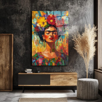 Frida Kahlo Çiçekli Taçlı Portre Cam Tablo - Glazella Frida Kahlo Çiçekli Taçlı Portre Cam Tablo - Glazella