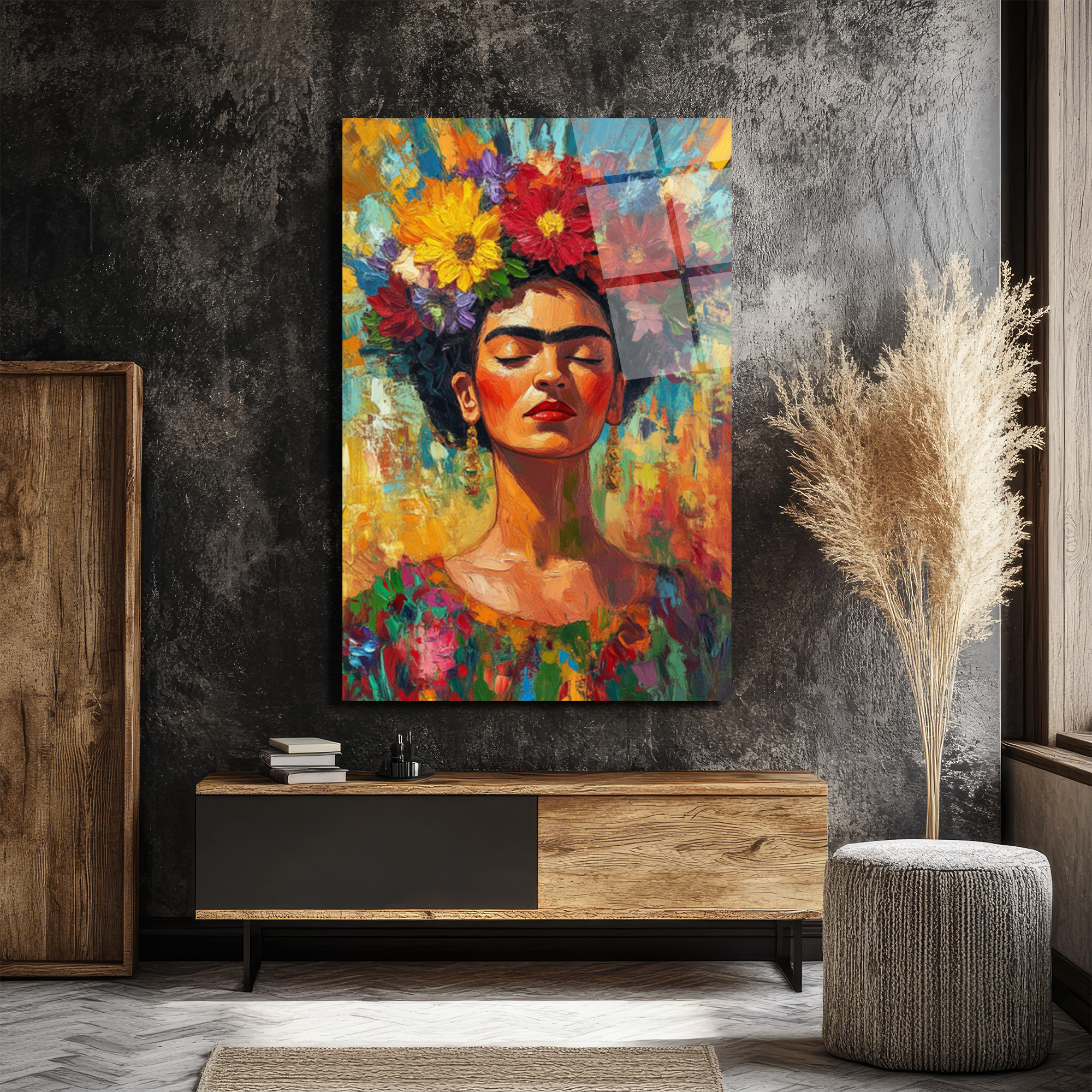 Frida Kahlo Çiçekli Taçlı Portre Cam Tablo - Glazella Frida Kahlo Çiçekli Taçlı Portre Cam Tablo - Glazella
