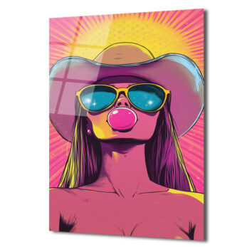 Kovboy Şapkalı Balon Sakızlı Kız Pop Art Cam Tablo - Glazella Kovboy Şapkalı Balon Sakızlı Kız Pop Art Cam Tablo - Glazella