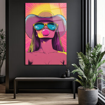 Kovboy Şapkalı Balon Sakızlı Kız Pop Art Cam Tablo - Glazella Kovboy Şapkalı Balon Sakızlı Kız Pop Art Cam Tablo - Glazella