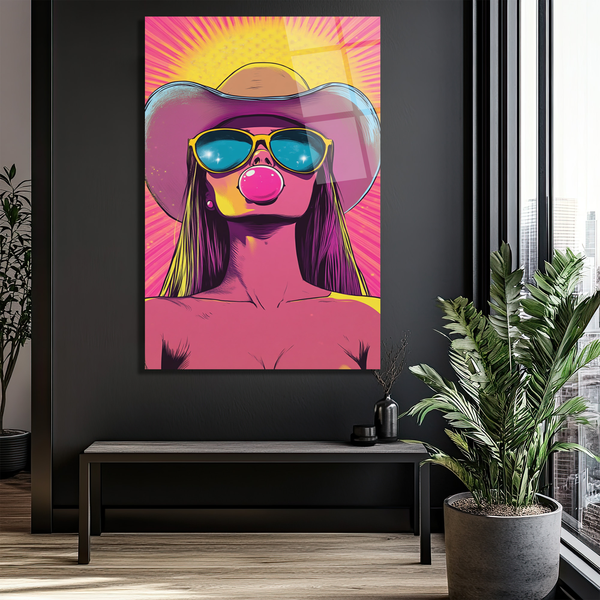 Kovboy Şapkalı Balon Sakızlı Kız Pop Art Cam Tablo - Glazella Kovboy Şapkalı Balon Sakızlı Kız Pop Art Cam Tablo - Glazella