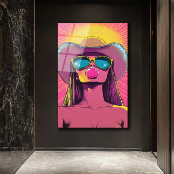 Kovboy Şapkalı Balon Sakızlı Kız Pop Art Cam Tablo - Glazella Kovboy Şapkalı Balon Sakızlı Kız Pop Art Cam Tablo - Glazella