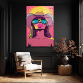 Kovboy Şapkalı Balon Sakızlı Kız Pop Art Cam Tablo - Glazella Kovboy Şapkalı Balon Sakızlı Kız Pop Art Cam Tablo - Glazella