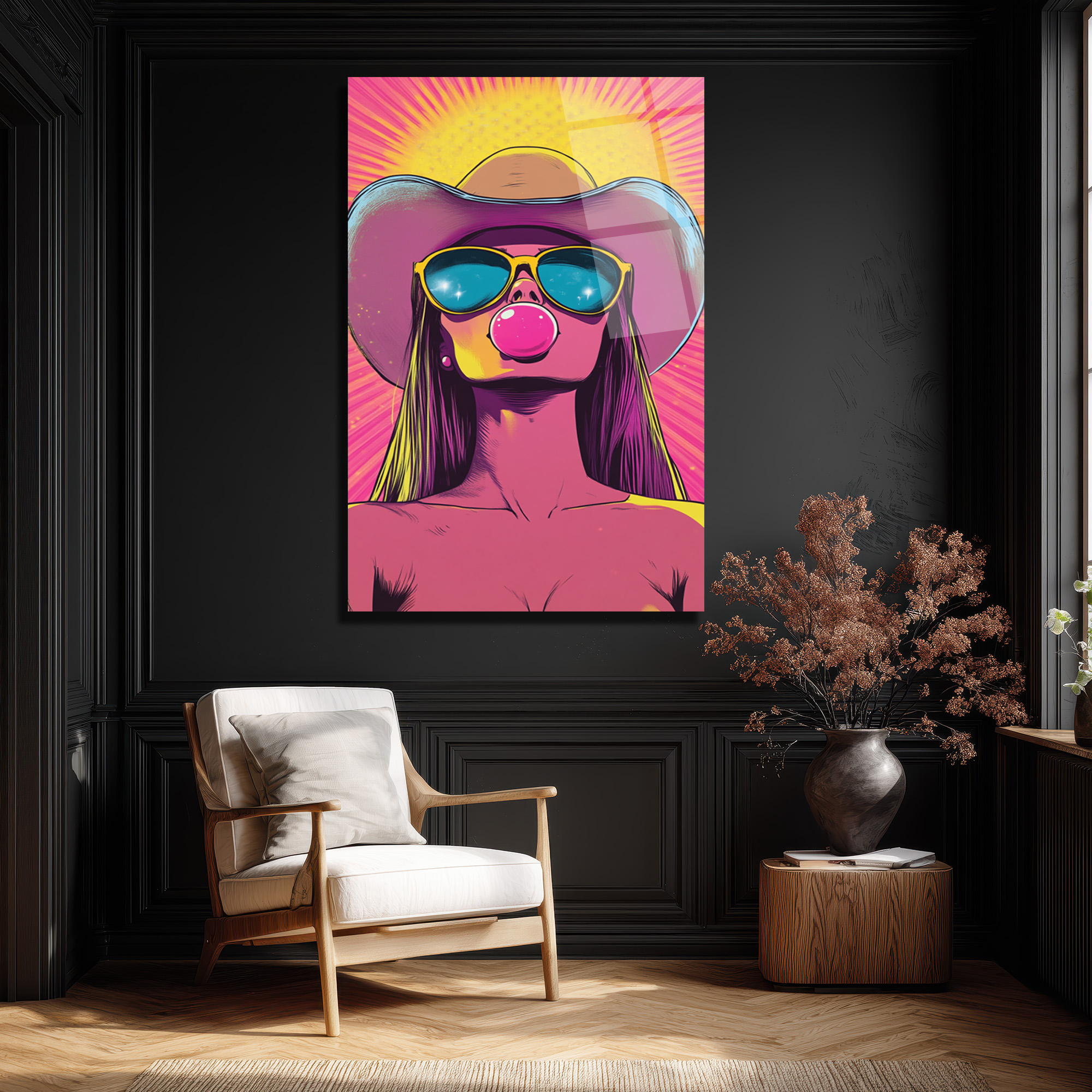 Kovboy Şapkalı Balon Sakızlı Kız Pop Art Cam Tablo - Glazella Kovboy Şapkalı Balon Sakızlı Kız Pop Art Cam Tablo - Glazella