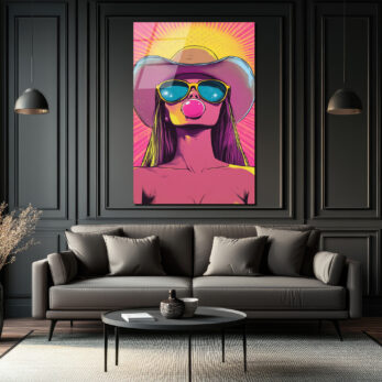 Kovboy Şapkalı Balon Sakızlı Kız Pop Art Cam Tablo - Glazella Kovboy Şapkalı Balon Sakızlı Kız Pop Art Cam Tablo - Glazella