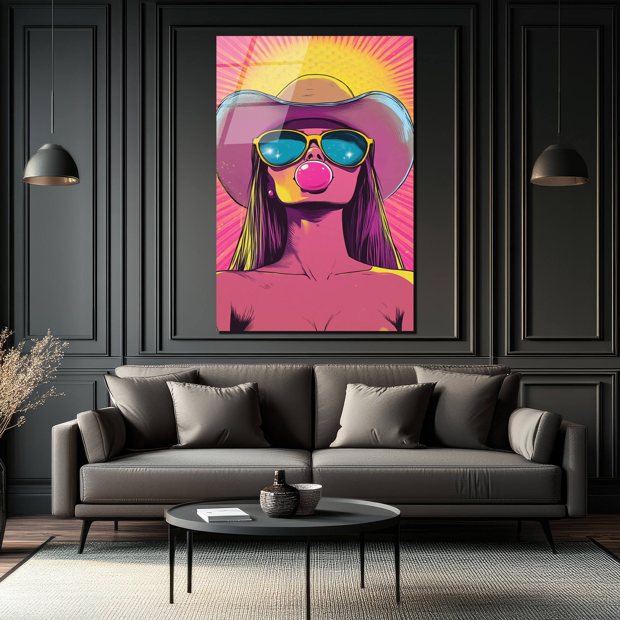 Kovboy Şapkalı Balon Sakızlı Kız Pop Art Cam Tablo - Glazella Kovboy Şapkalı Balon Sakızlı Kız Pop Art Cam Tablo - Glazella