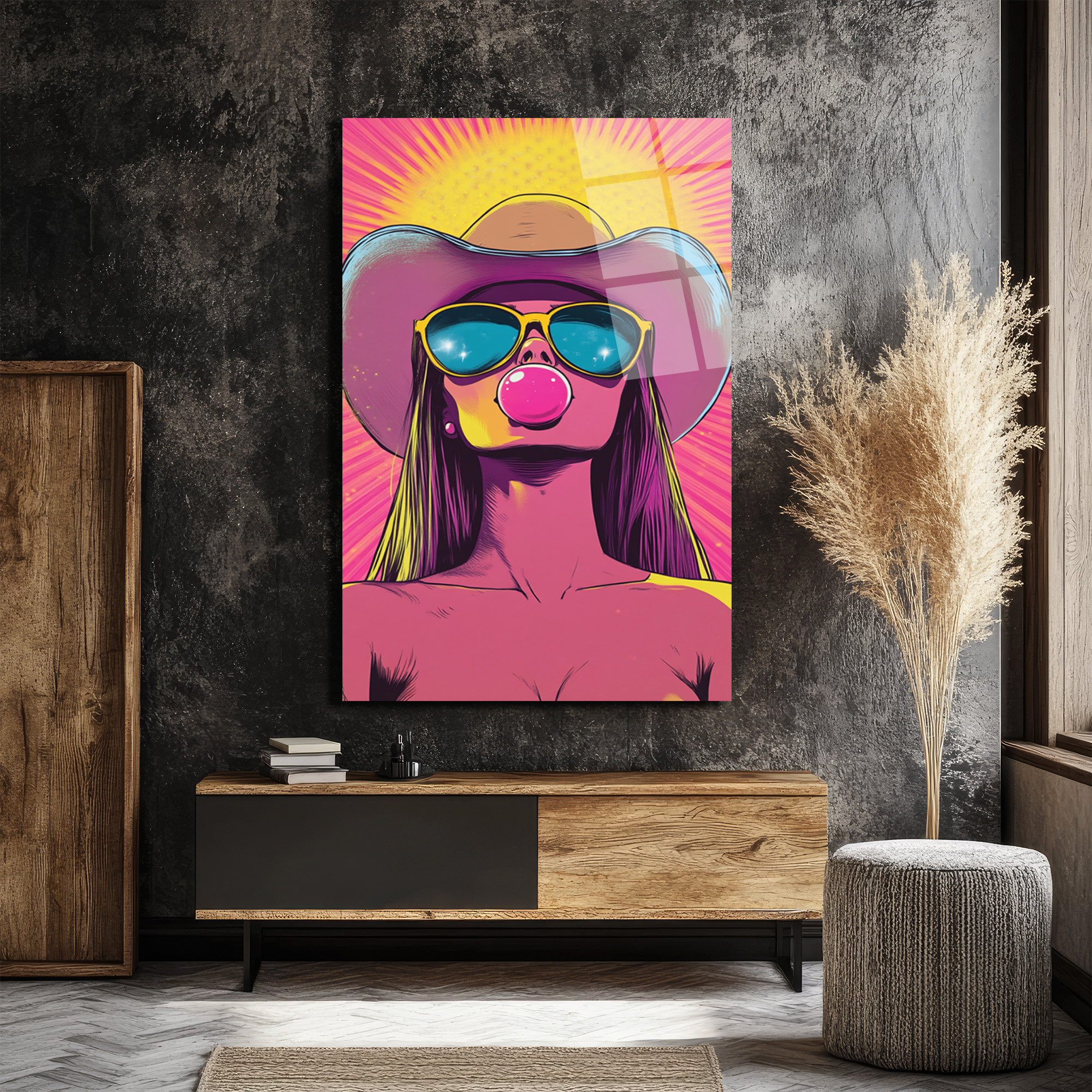 Kovboy Şapkalı Balon Sakızlı Kız Pop Art Cam Tablo - Glazella Kovboy Şapkalı Balon Sakızlı Kız Pop Art Cam Tablo - Glazella