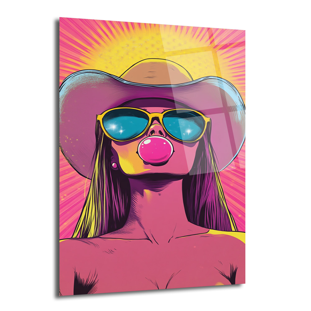 Kovboy Şapkalı Balon Sakızlı Kız Pop Art Cam Tablo - Glazella Kovboy Şapkalı Balon Sakızlı Kız Pop Art Cam Tablo - Glazella