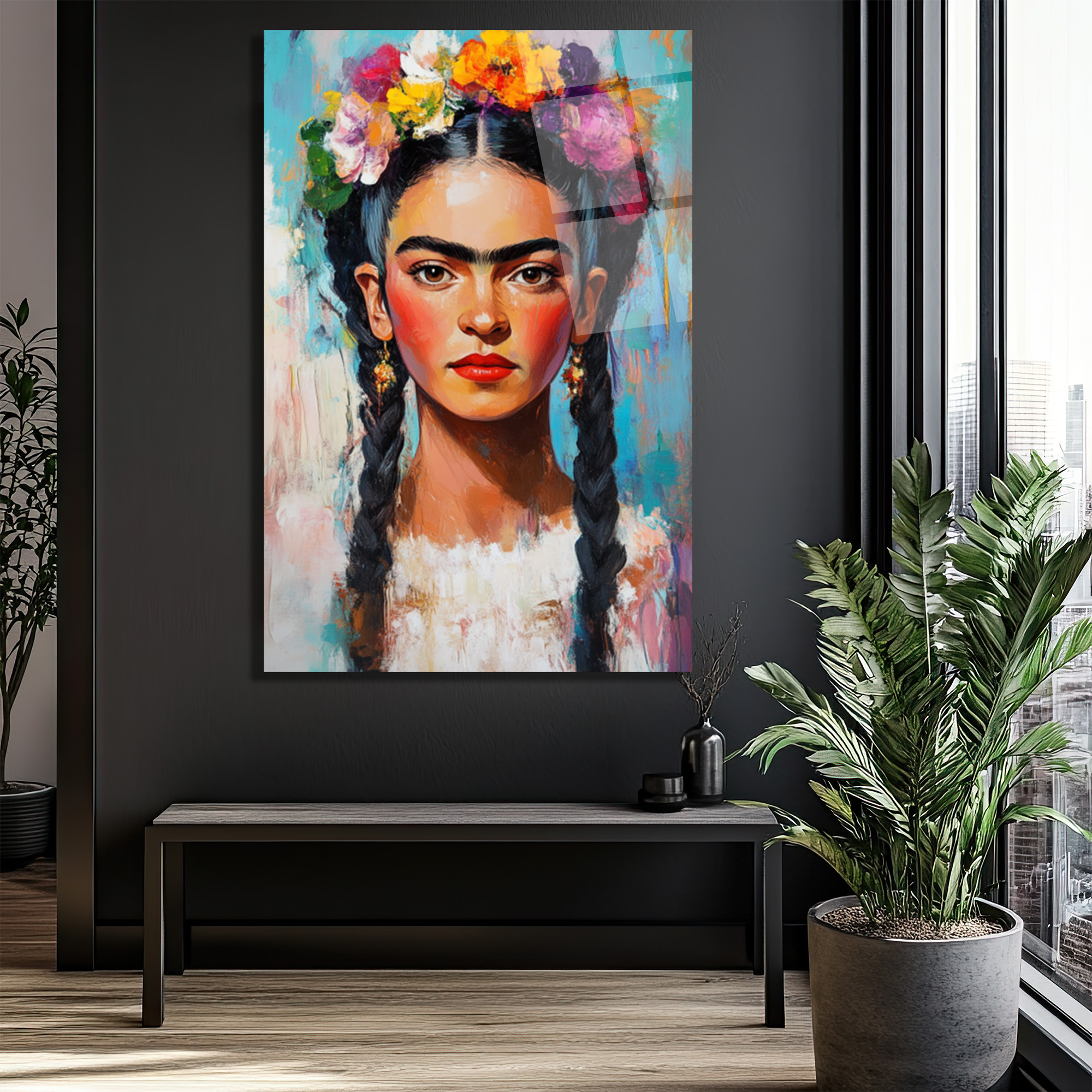 Frida Kahlo Çiçekli Taç Portresi Cam Tablo - Glazella Frida Kahlo Çiçekli Taç Portresi Cam Tablo - Glazella