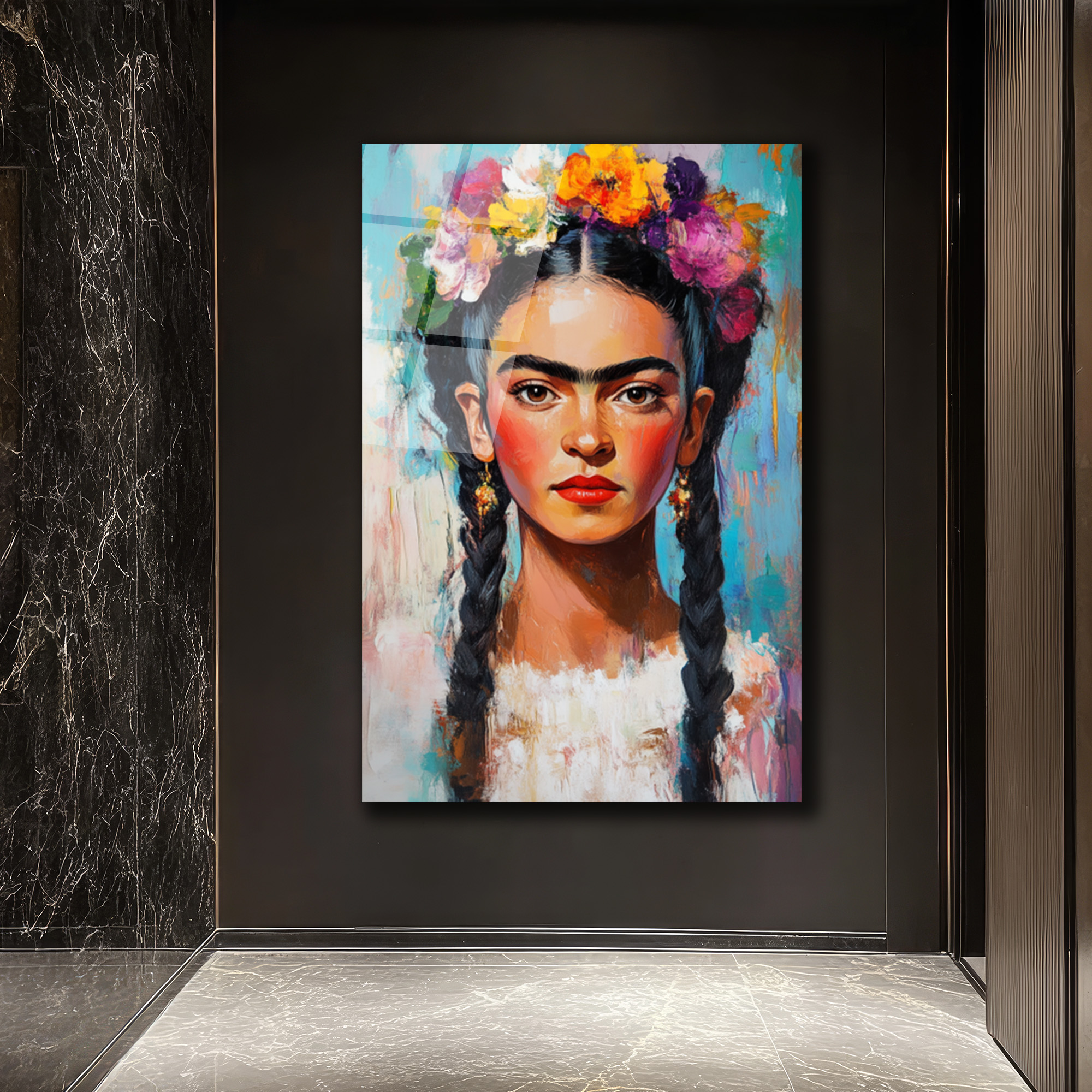 Frida Kahlo Çiçekli Taç Portresi Cam Tablo - Glazella Frida Kahlo Çiçekli Taç Portresi Cam Tablo - Glazella