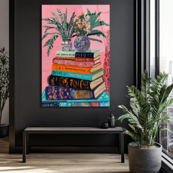 Canlı Renklerle Kitap Kulesi Cam Tablo - Glazella Canlı Renklerle Kitap Kulesi Cam Tablo - Glazella