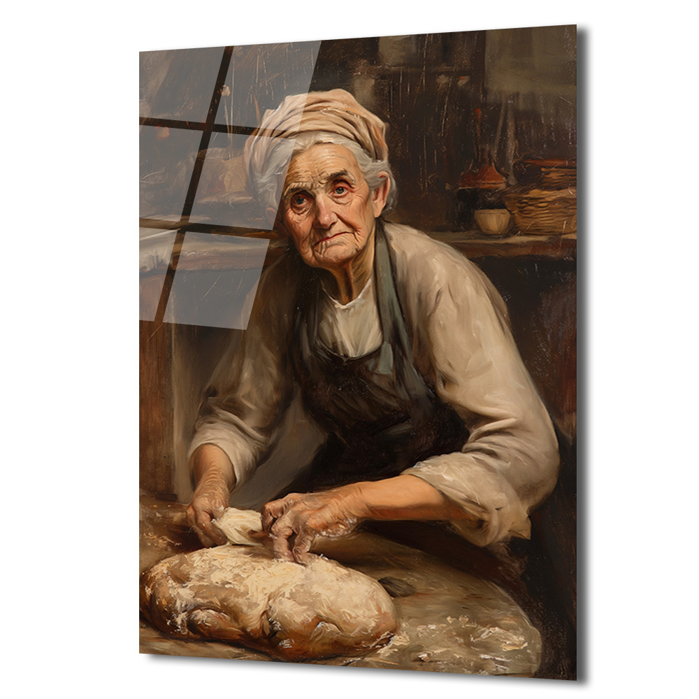 Ekmek Yapan Yaşlı Kadın Cam Tablo - Nostaljik Mutfak Sanatı - Glazella Ekmek Yapan Yaşlı Kadın Cam Tablo - Nostaljik Mutfak Sanatı - Glazella