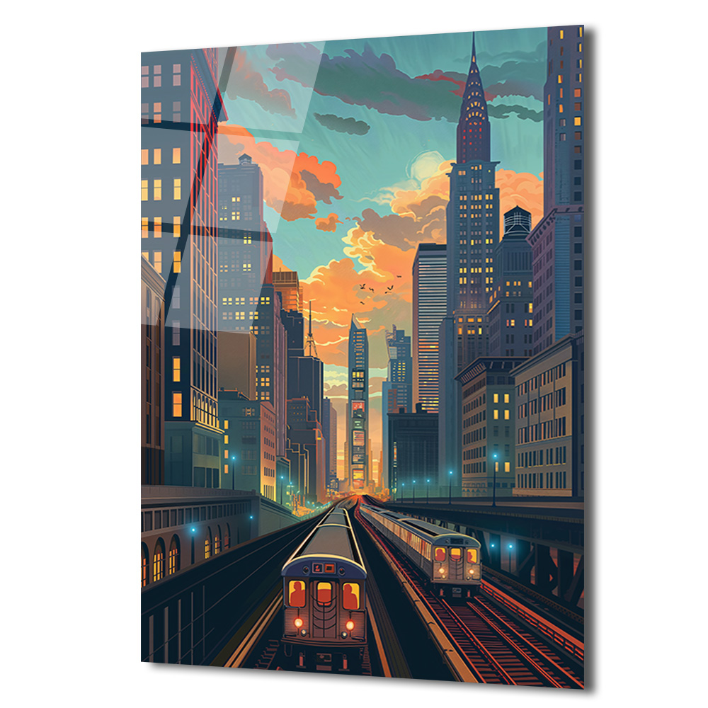New York Şehir Manzarası Cam Tablo - Metro ve Gün Batımı Rüyası - Glazella New York Şehir Manzarası Cam Tablo - Metro ve Gün Batımı Rüyası - Glazella