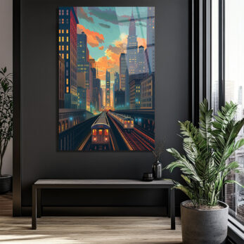 New York Şehir Manzarası Cam Tablo - Metro ve Gün Batımı Rüyası - Glazella New York Şehir Manzarası Cam Tablo - Metro ve Gün Batımı Rüyası - Glazella