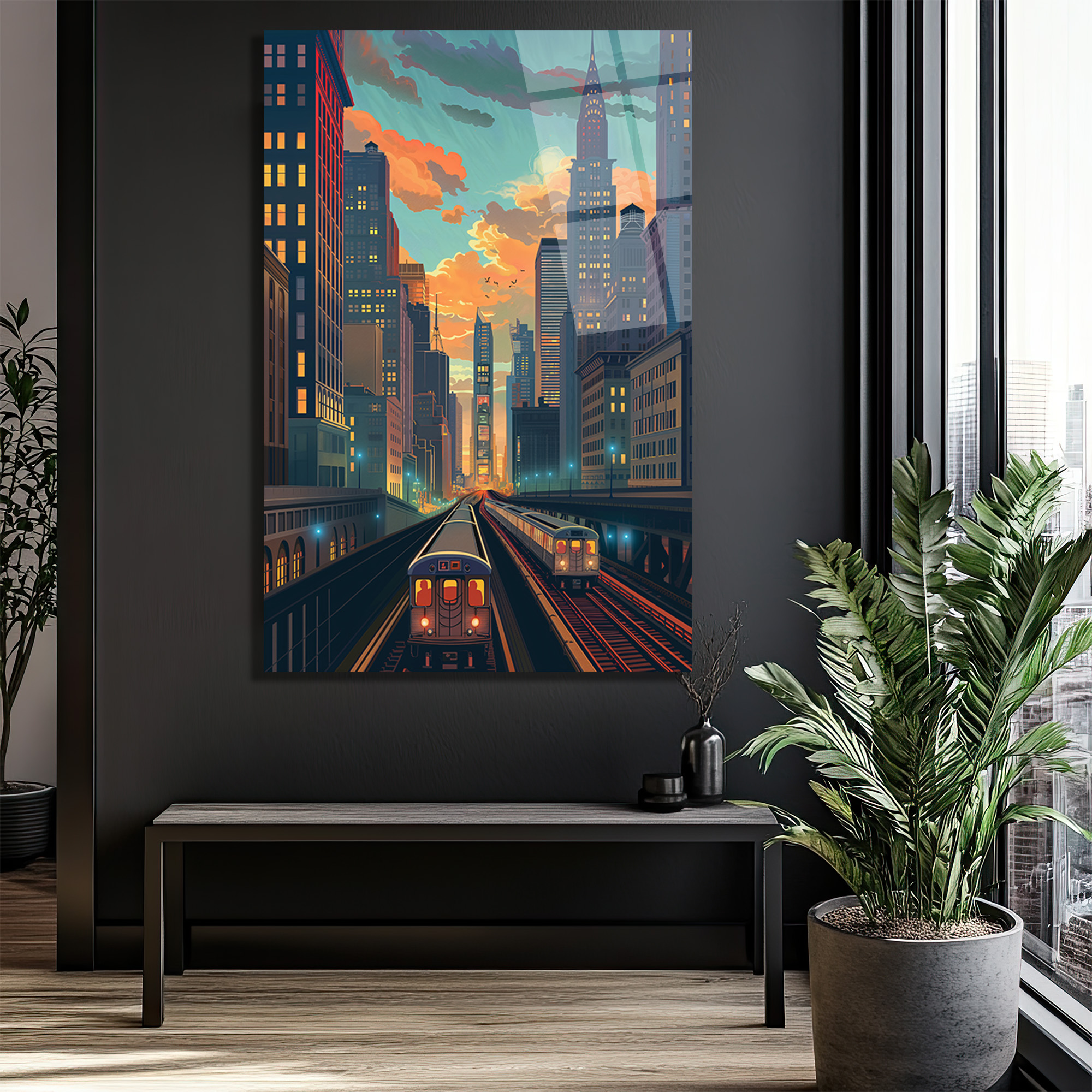 New York Şehir Manzarası Cam Tablo - Metro ve Gün Batımı Rüyası - Glazella New York Şehir Manzarası Cam Tablo - Metro ve Gün Batımı Rüyası - Glazella