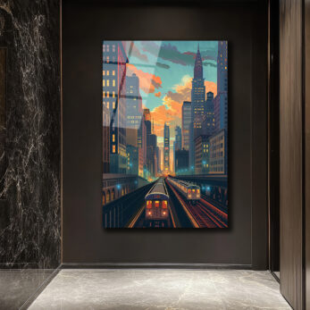 New York Şehir Manzarası Cam Tablo - Metro ve Gün Batımı Rüyası - Glazella New York Şehir Manzarası Cam Tablo - Metro ve Gün Batımı Rüyası - Glazella