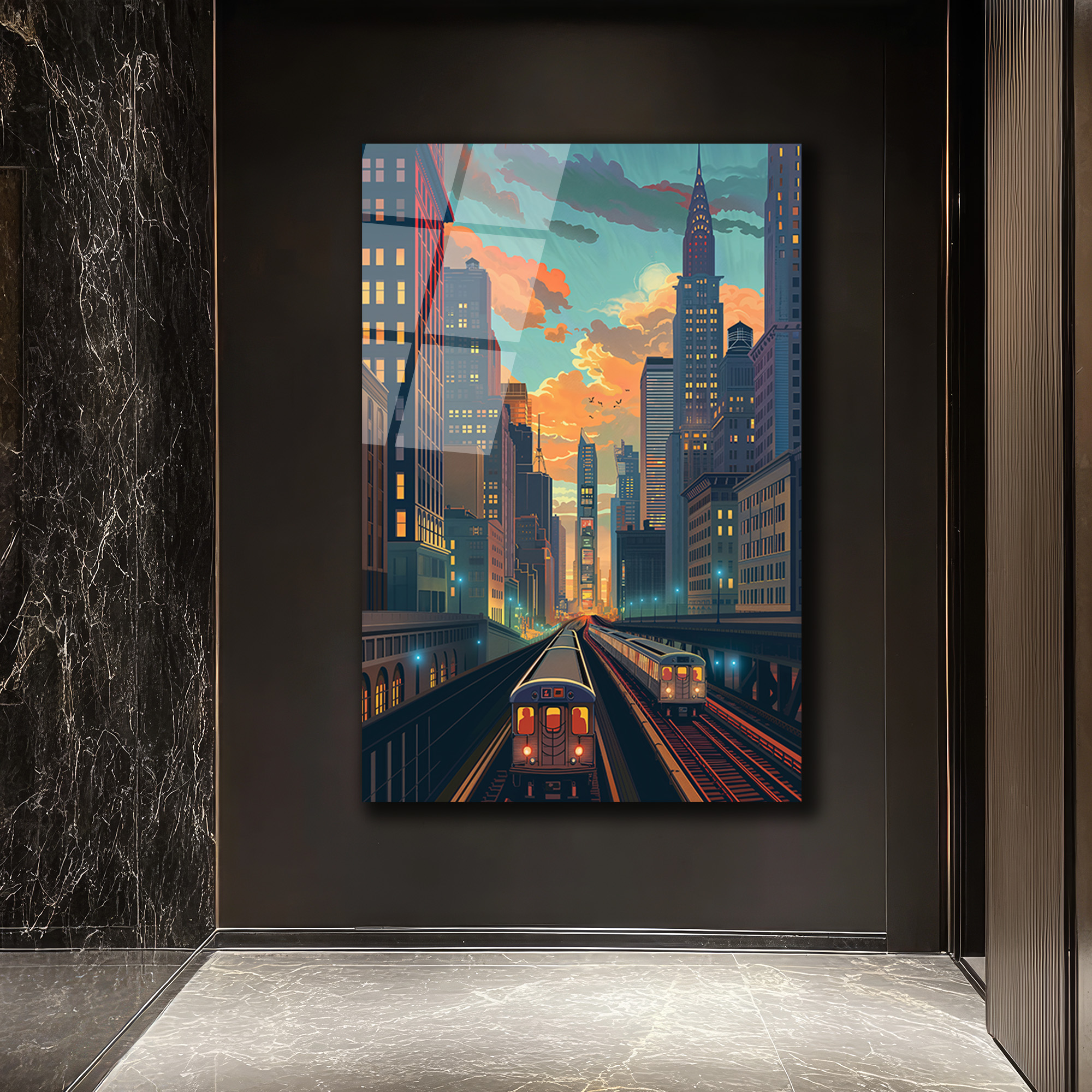 New York Şehir Manzarası Cam Tablo - Metro ve Gün Batımı Rüyası - Glazella New York Şehir Manzarası Cam Tablo - Metro ve Gün Batımı Rüyası - Glazella