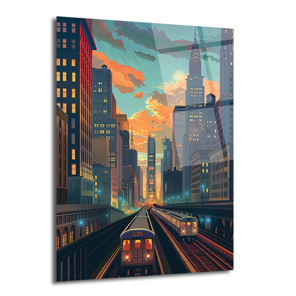 New York Şehir Manzarası Cam Tablo - Metro ve Gün Batımı Rüyası - Glazella New York Şehir Manzarası Cam Tablo - Metro ve Gün Batımı Rüyası - Glazella