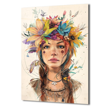 Çiçek Taçlı Boho Ruhlu Kadın Portresi Cam Tablo - Glazella Çiçek Taçlı Boho Ruhlu Kadın Portresi Cam Tablo - Glazella