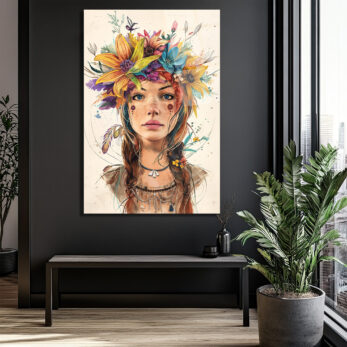Çiçek Taçlı Boho Ruhlu Kadın Portresi Cam Tablo - Glazella Çiçek Taçlı Boho Ruhlu Kadın Portresi Cam Tablo - Glazella
