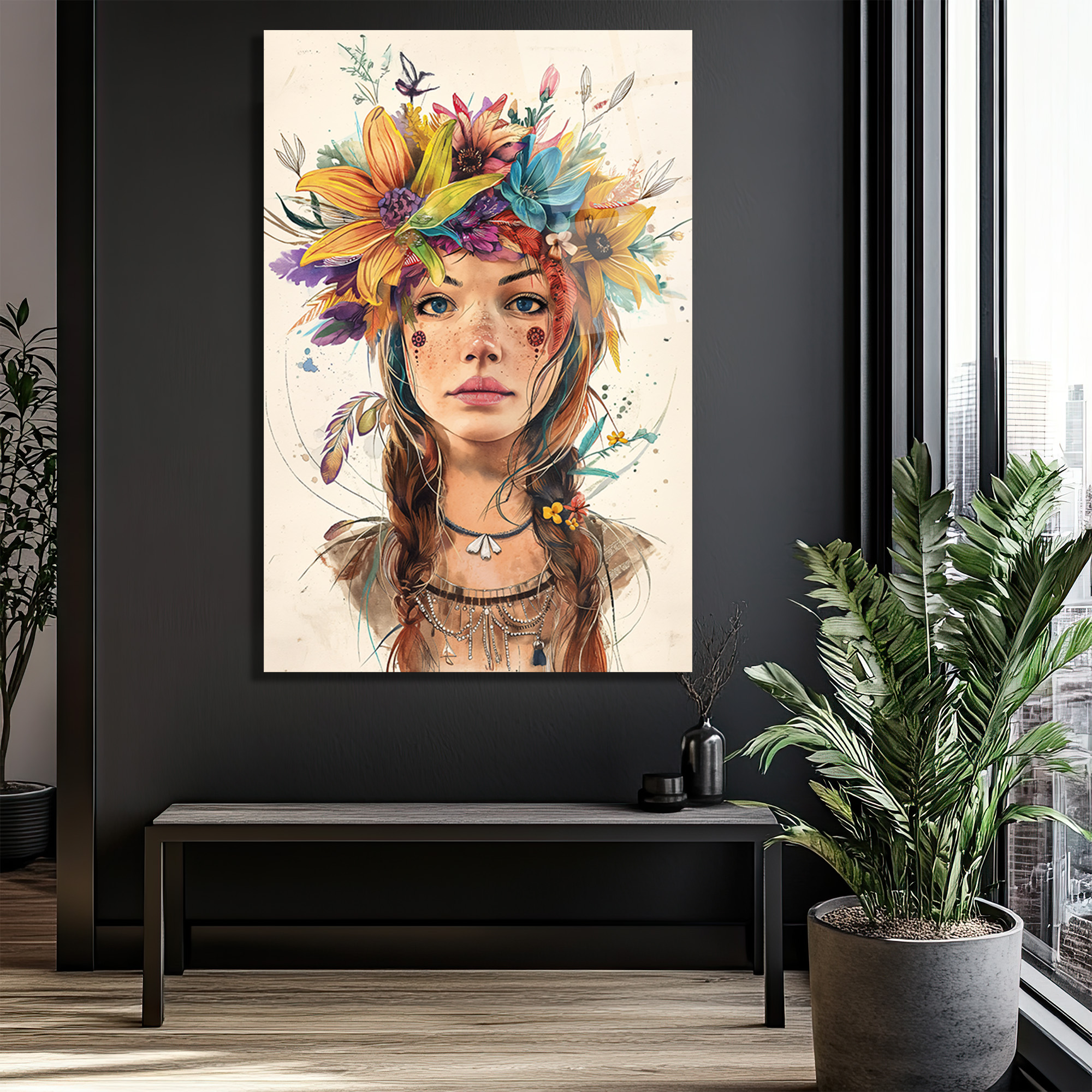 Çiçek Taçlı Boho Ruhlu Kadın Portresi Cam Tablo - Glazella Çiçek Taçlı Boho Ruhlu Kadın Portresi Cam Tablo - Glazella