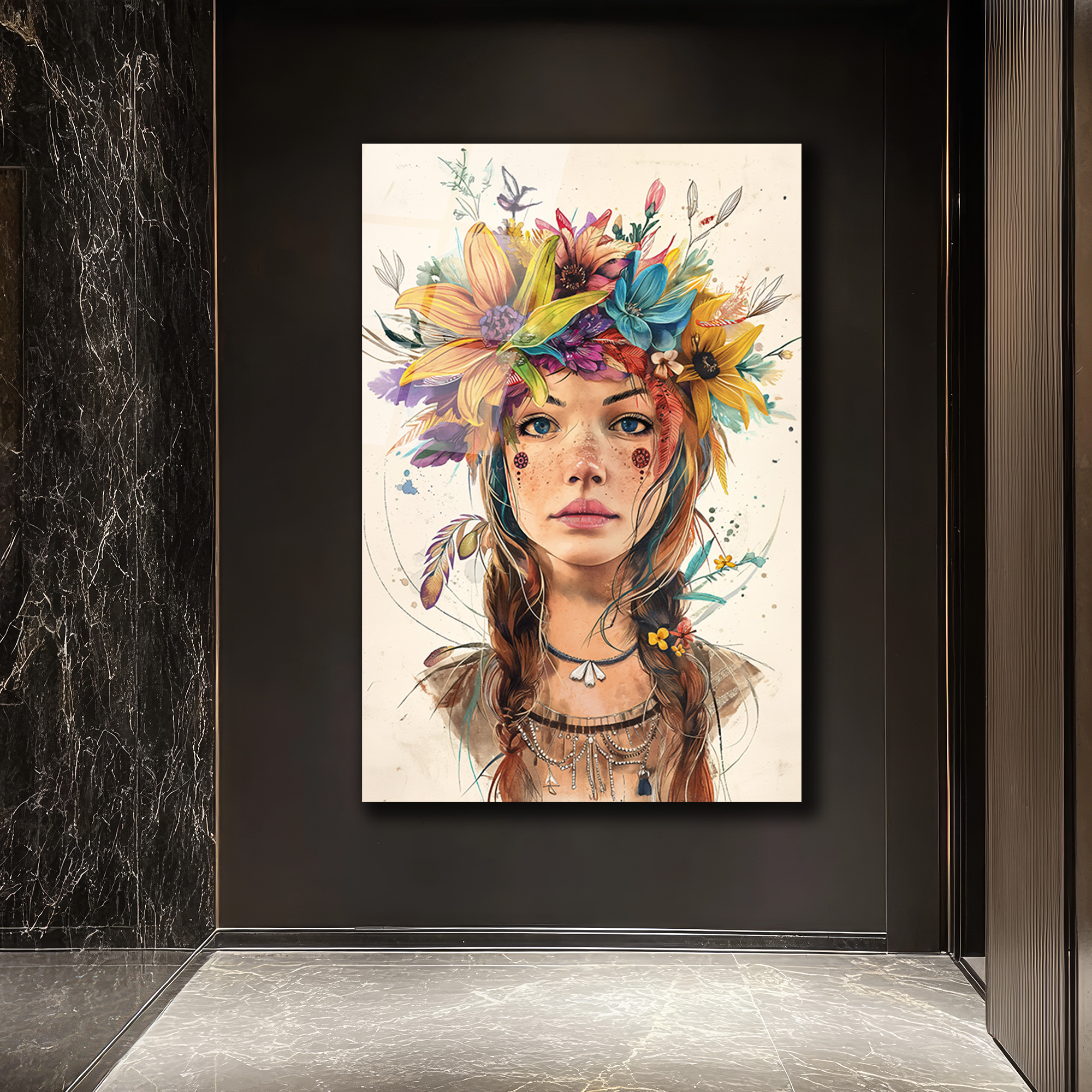 Çiçek Taçlı Boho Ruhlu Kadın Portresi Cam Tablo - Glazella Çiçek Taçlı Boho Ruhlu Kadın Portresi Cam Tablo - Glazella