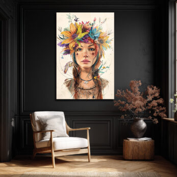 Çiçek Taçlı Boho Ruhlu Kadın Portresi Cam Tablo - Glazella Çiçek Taçlı Boho Ruhlu Kadın Portresi Cam Tablo - Glazella