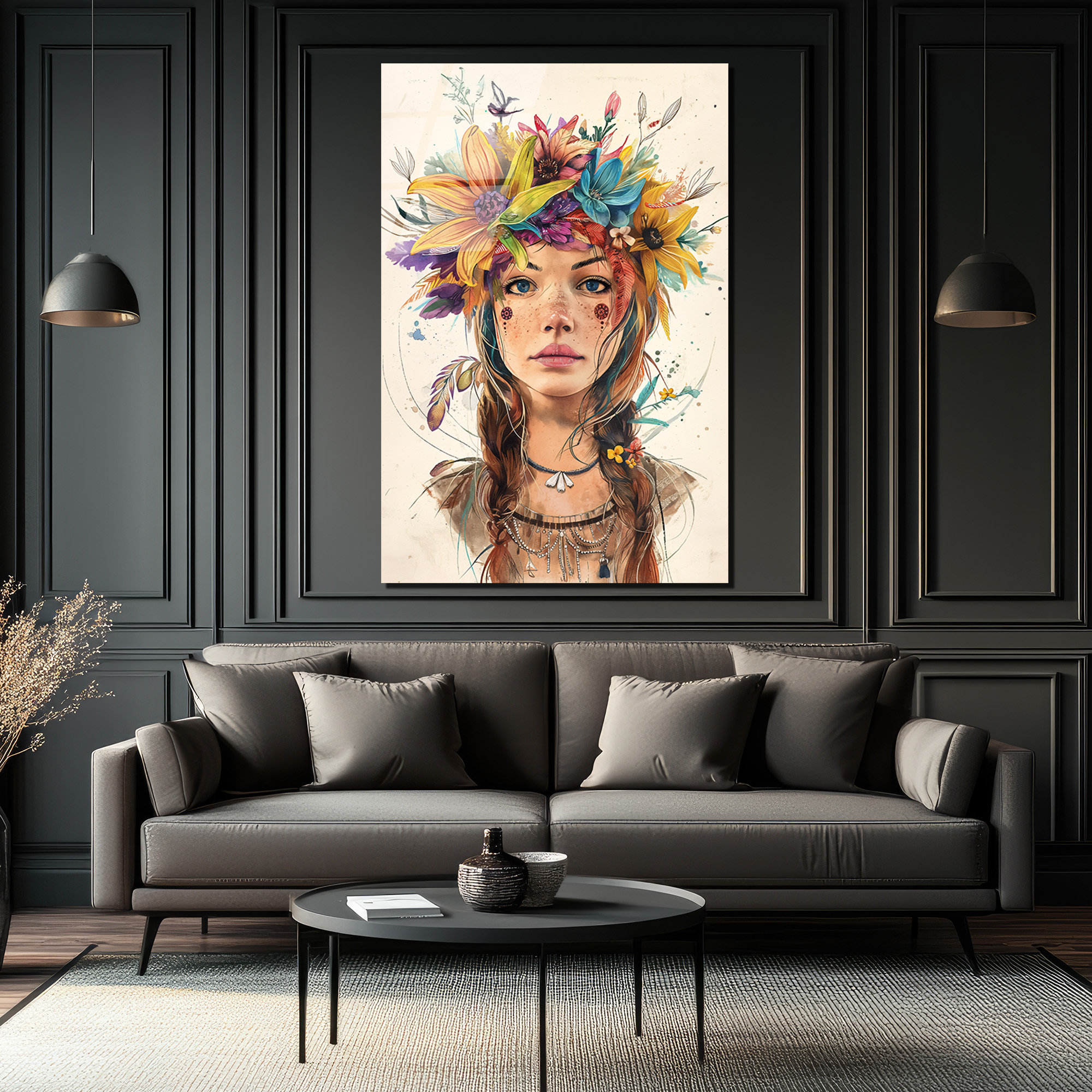 Çiçek Taçlı Boho Ruhlu Kadın Portresi Cam Tablo - Glazella Çiçek Taçlı Boho Ruhlu Kadın Portresi Cam Tablo - Glazella